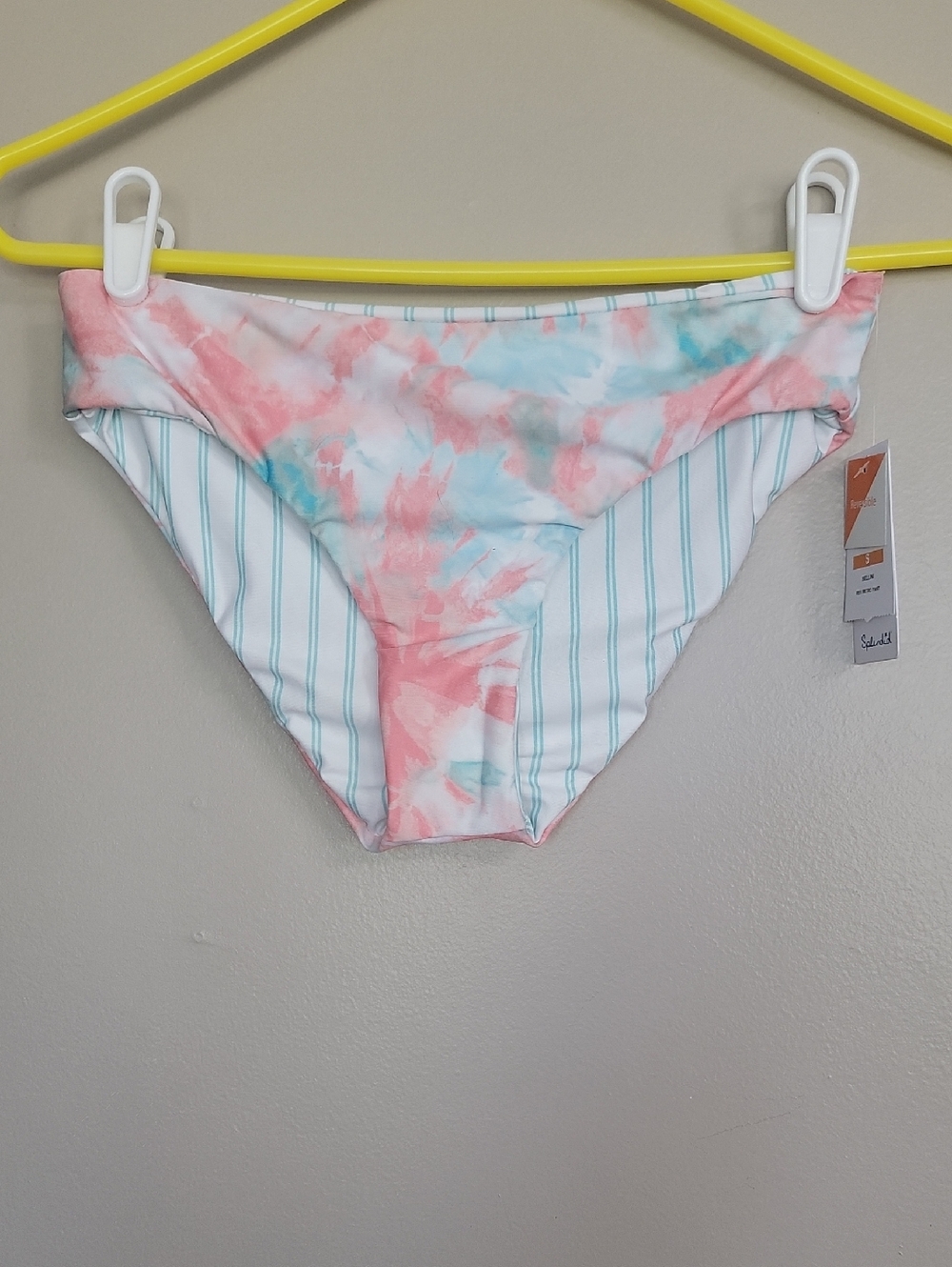 Splendid Pinkish Orange Green White Reversibl Bikini Swimsuit Bottoms Size S NWT
